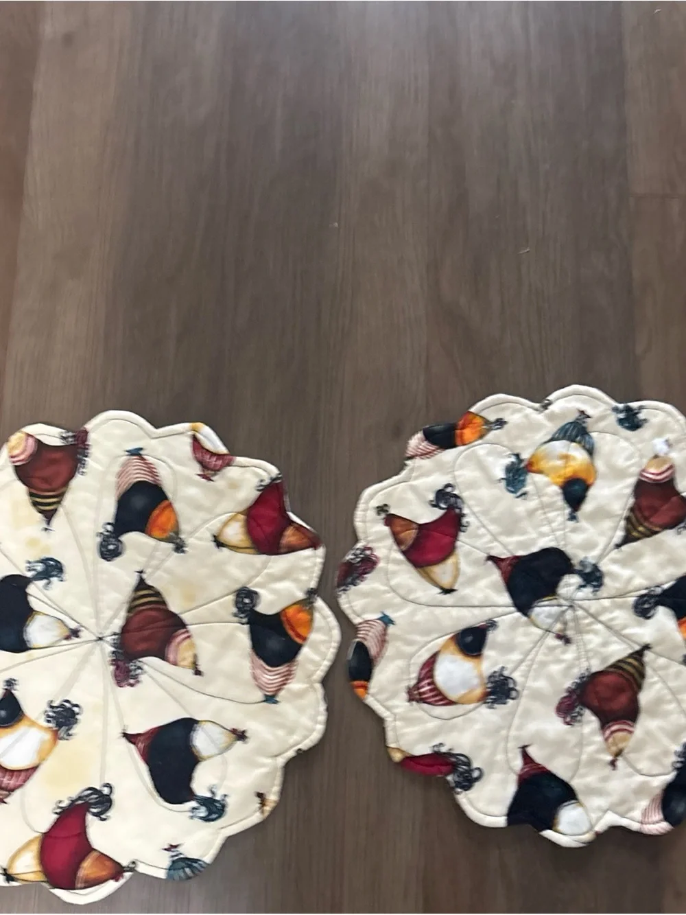 Quilted Cream Chicken Print Table Linens - Set of 2 15x15 handmade